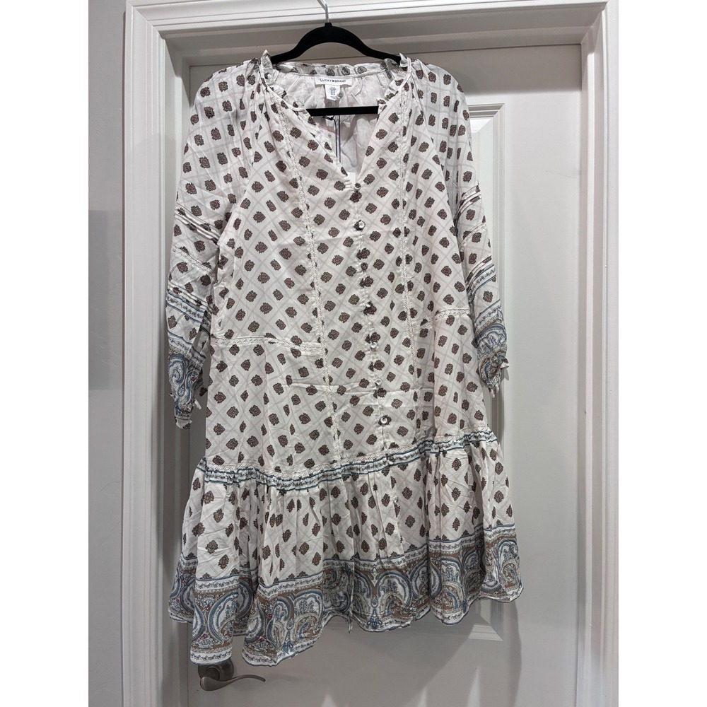 Lucky Brand Medallion Print Peasant Dress Boho Chic Lace Trim Ivory Blue M